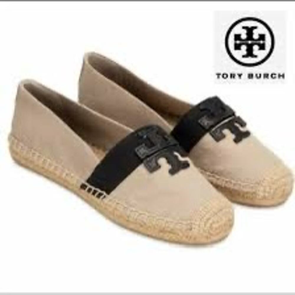 Tory Burch Canvas Espadrille Flats Tan Black Double T Women’s Size 11